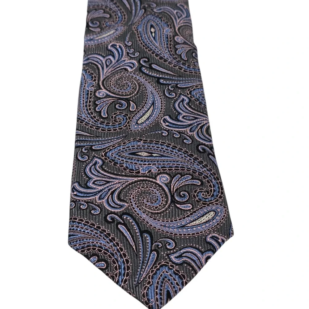 JZ Richards Mens Necktie Gray‎ Pink Blue Silk Paisley Handmade Embroidered USA